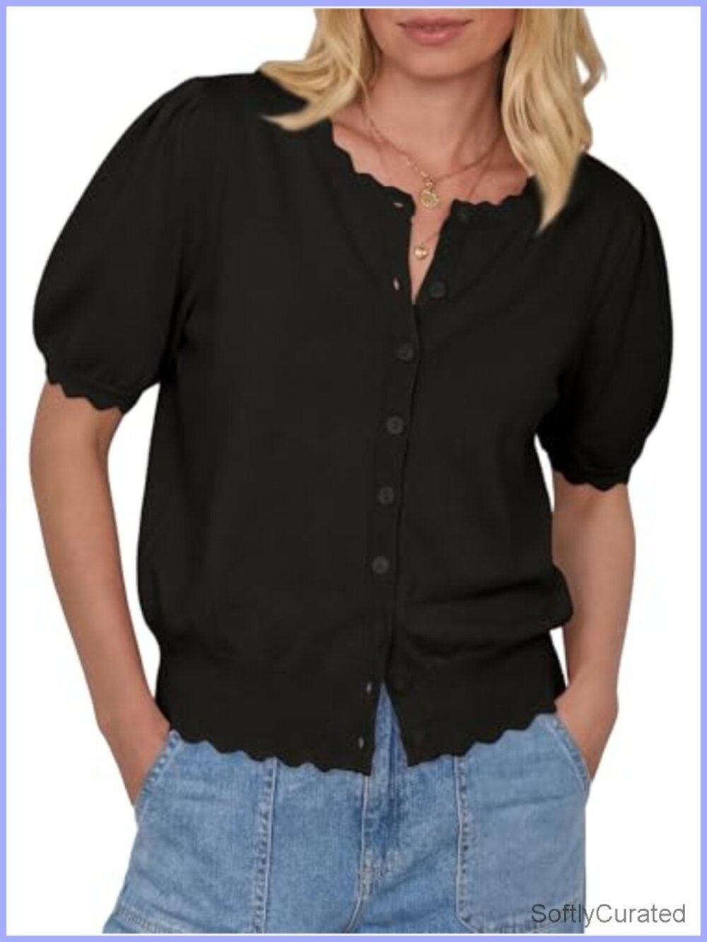 Women's Short Sleeve Button Up Cardigan Scalloped Crewneck Puff Sleeve Knit